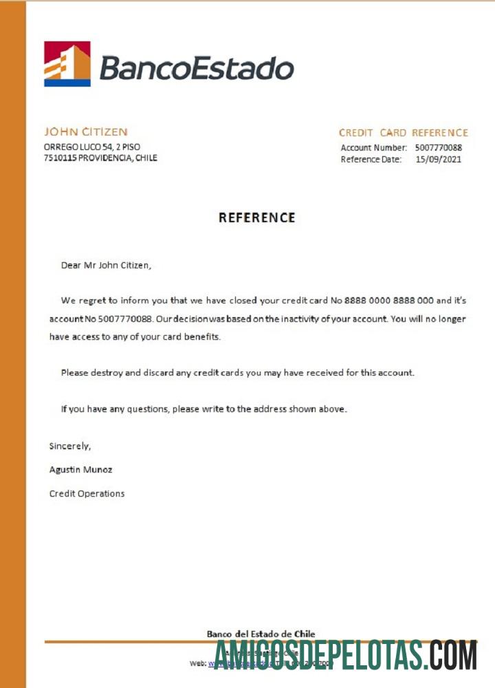 Referência de fechamento do Banco Del Estado no Chile exemplo real